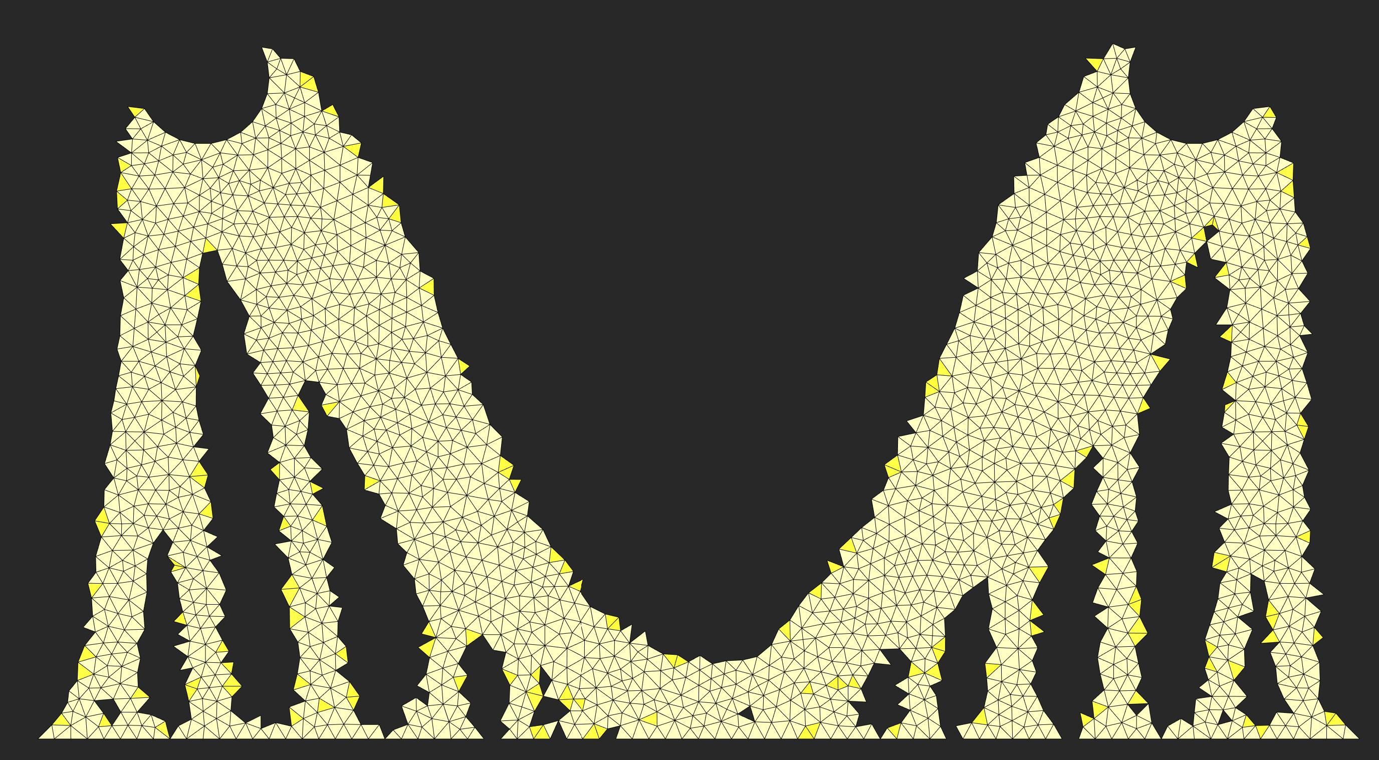 It's actually not quite 2D: the mesh is actually a tetrahedralisation of a very thin plate because I forgot how to set a virtual shell thickness.