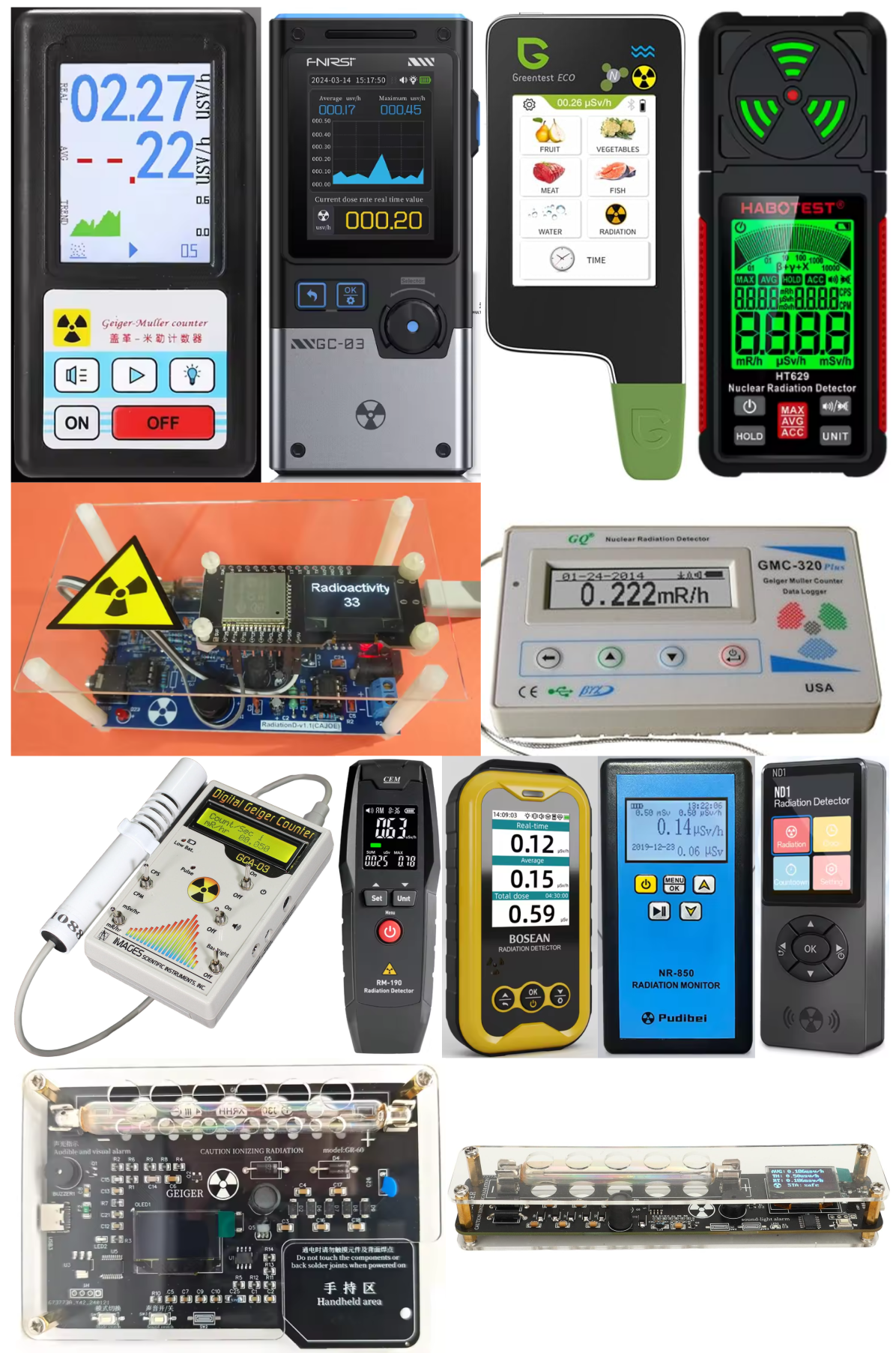 These were found on the first two pages of search results on AliExpress and Amazon for 'Geiger counter' and 'Radiation Detector'